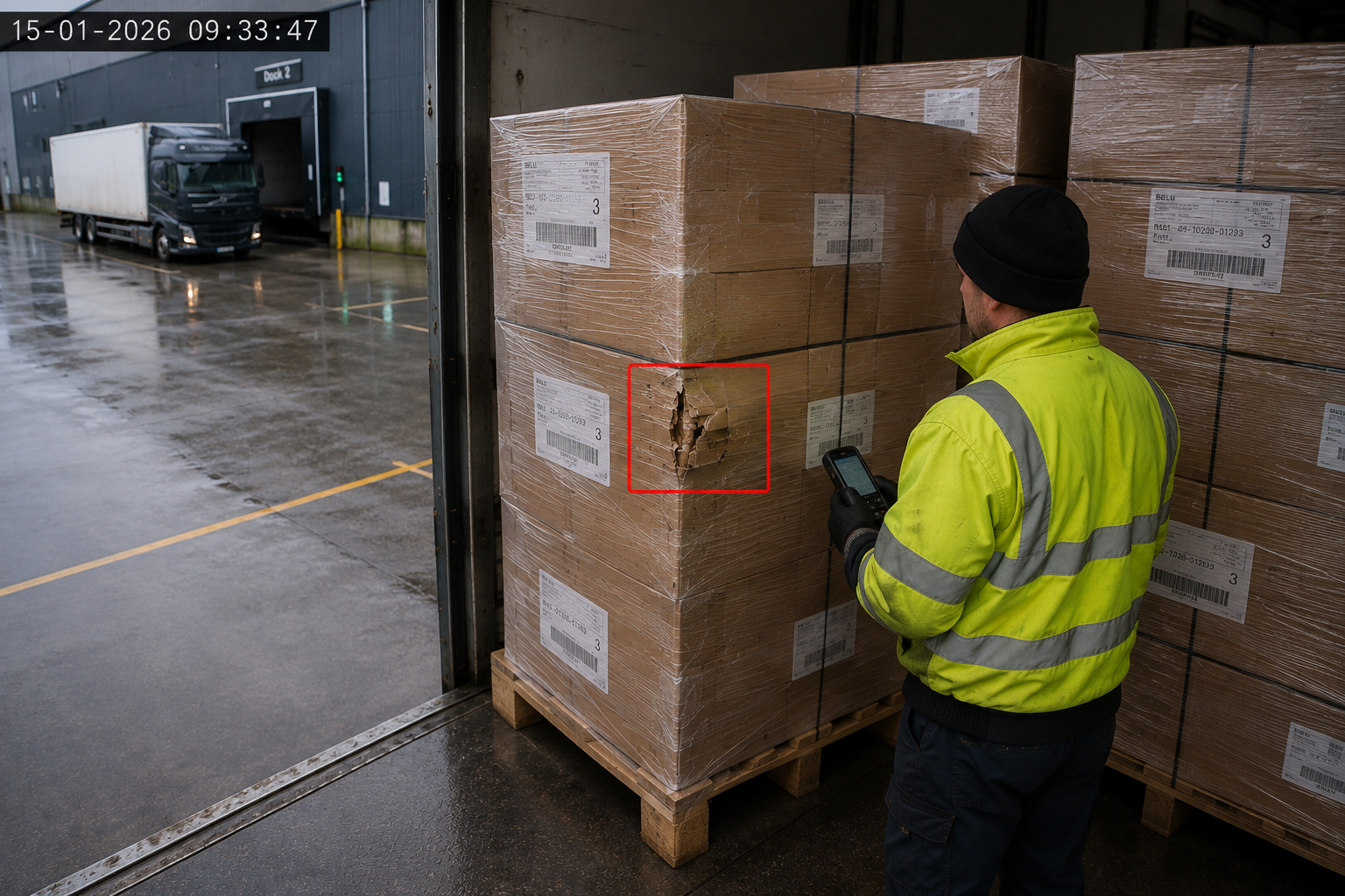 Illustrative loading event showing visible damage on pallet 3